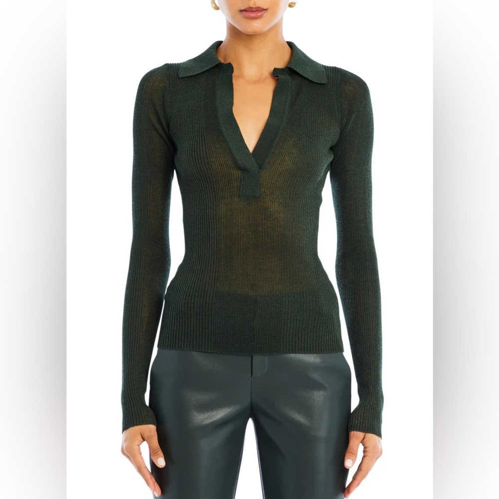 SER.O.YA Dark Green Sheer Ribbed V-Neck Sweater